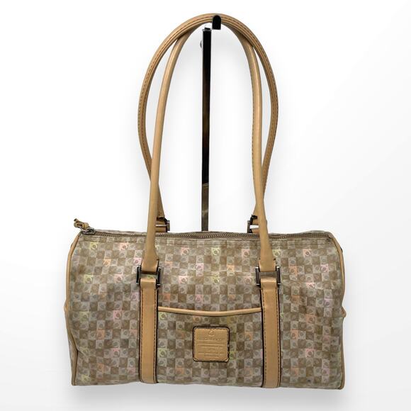00s Y2k LIZ CLAIBORNE Vintage Tan Cream Monogram Barrel Shoulder Bag - Picture 1 of 11